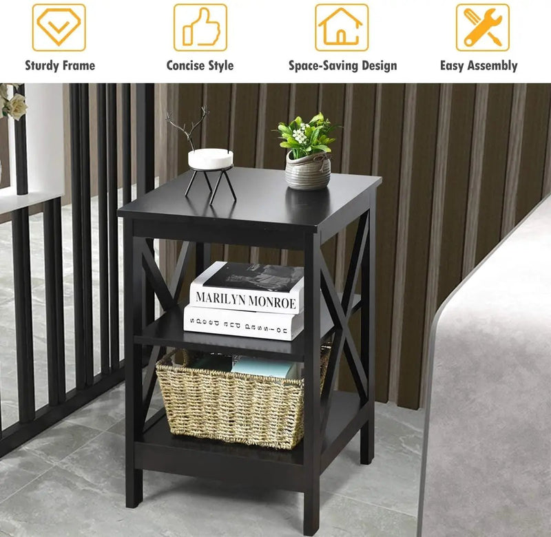 3-Tier X-Design Nightstands with Storage Shelves for Living Room Bedroom by DirectDeals