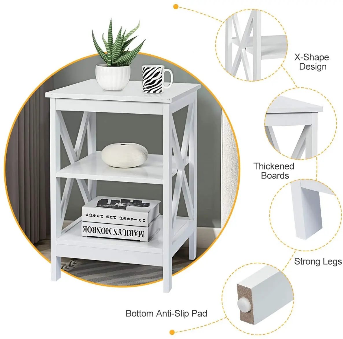 3-Tier X-Design Nightstands with Storage Shelves for Living Room Bedroom, photo 28 of 31