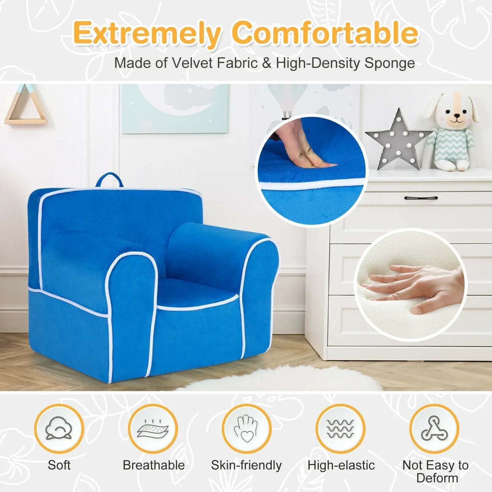 Upholstered Kids Sofa with Velvet Fabric and High-Quality Sponge by DirectDeals
