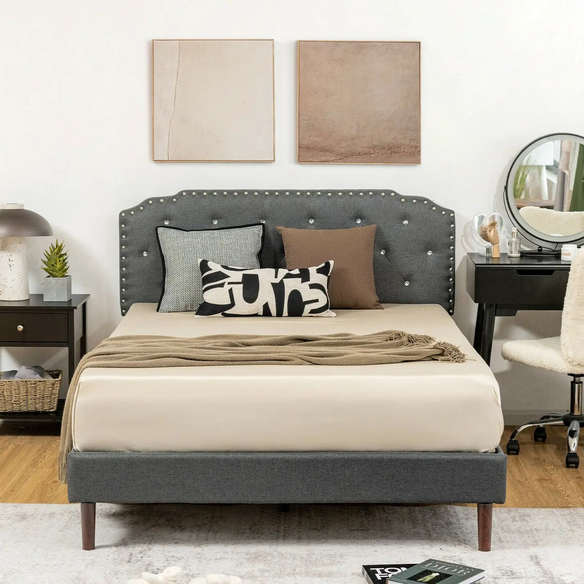 Upholstered Bed Frame with Adjustable Diamond Button Headboard, photo 6 of 9