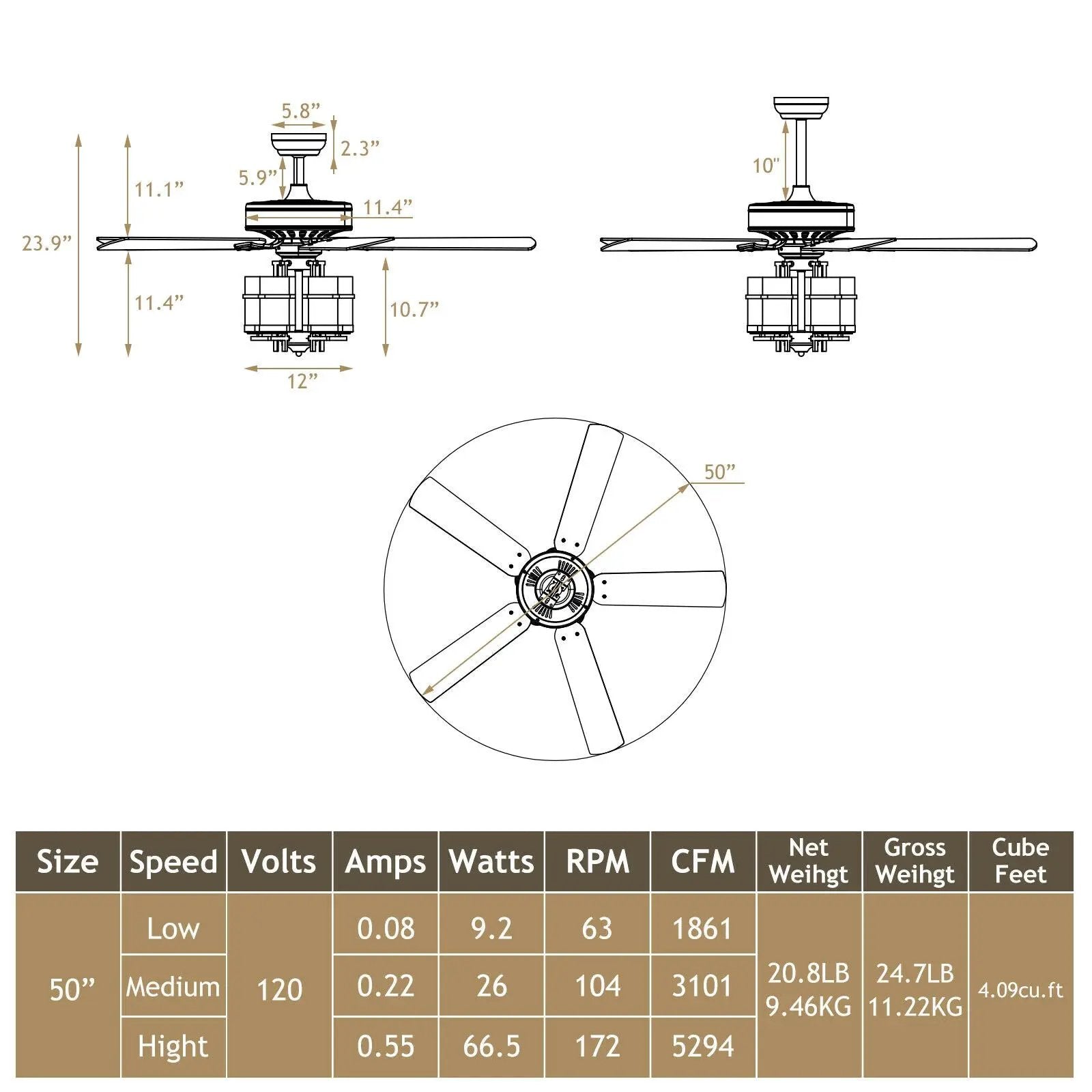 50 Inch Noiseless Ceiling Fan Light with Explosion-proof Glass Lampshades-Black by DirectDeals