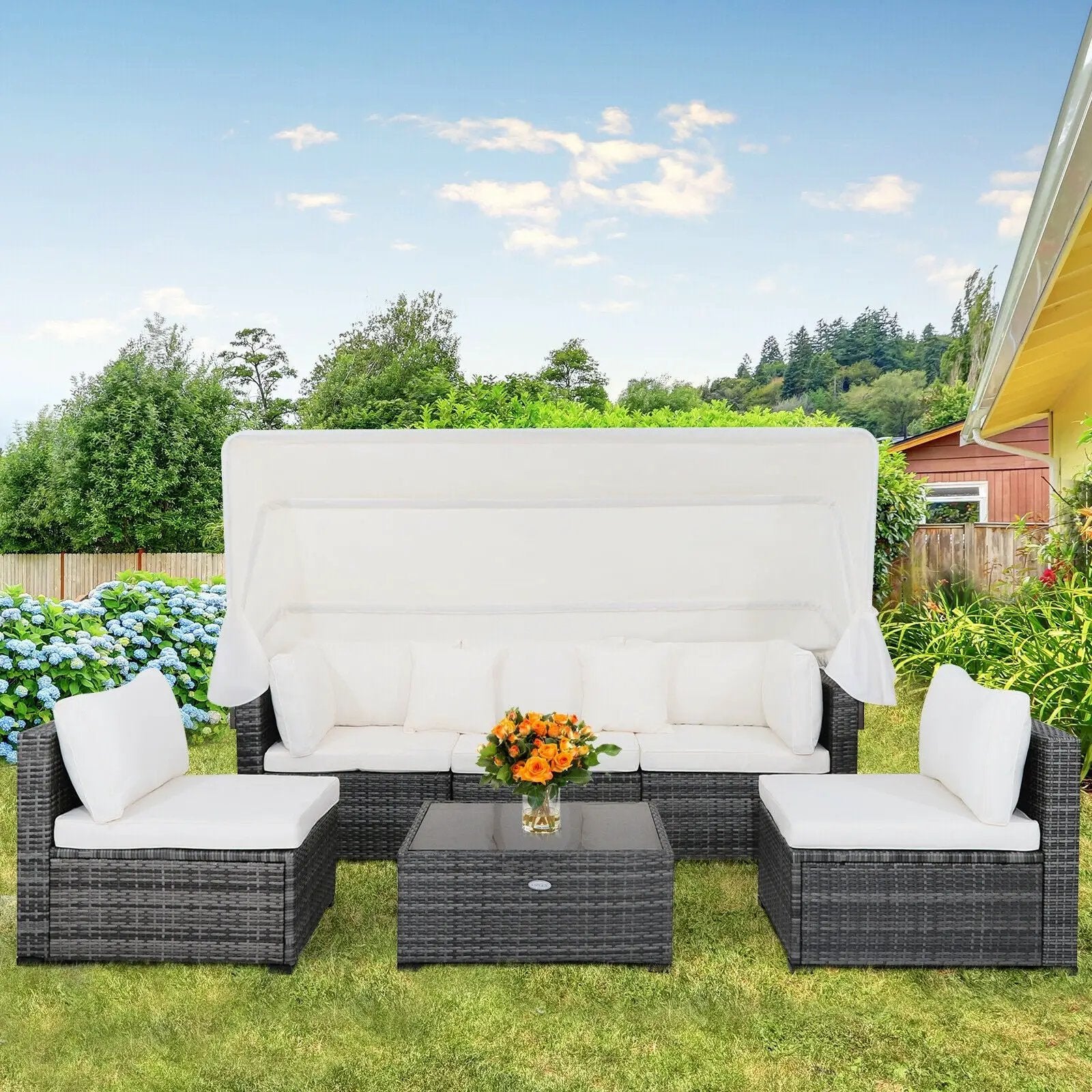 6 Pieces Patio Rattan Furniture Set with Retractable Canopy by DirectDeals