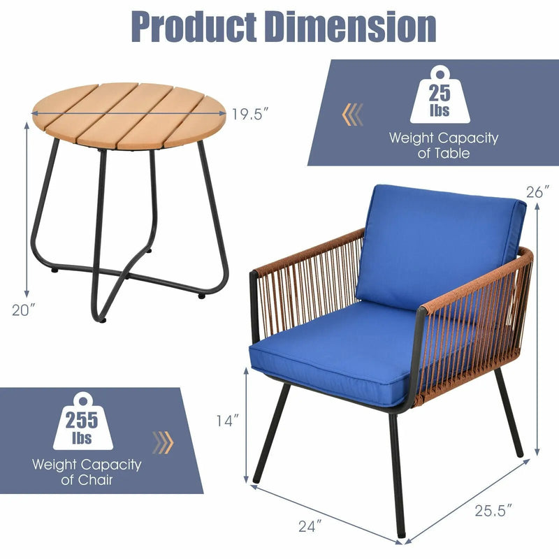 3 Pieces Patio Bistro Furniture Set with Armrest and Soft Cushions by DirectDeals