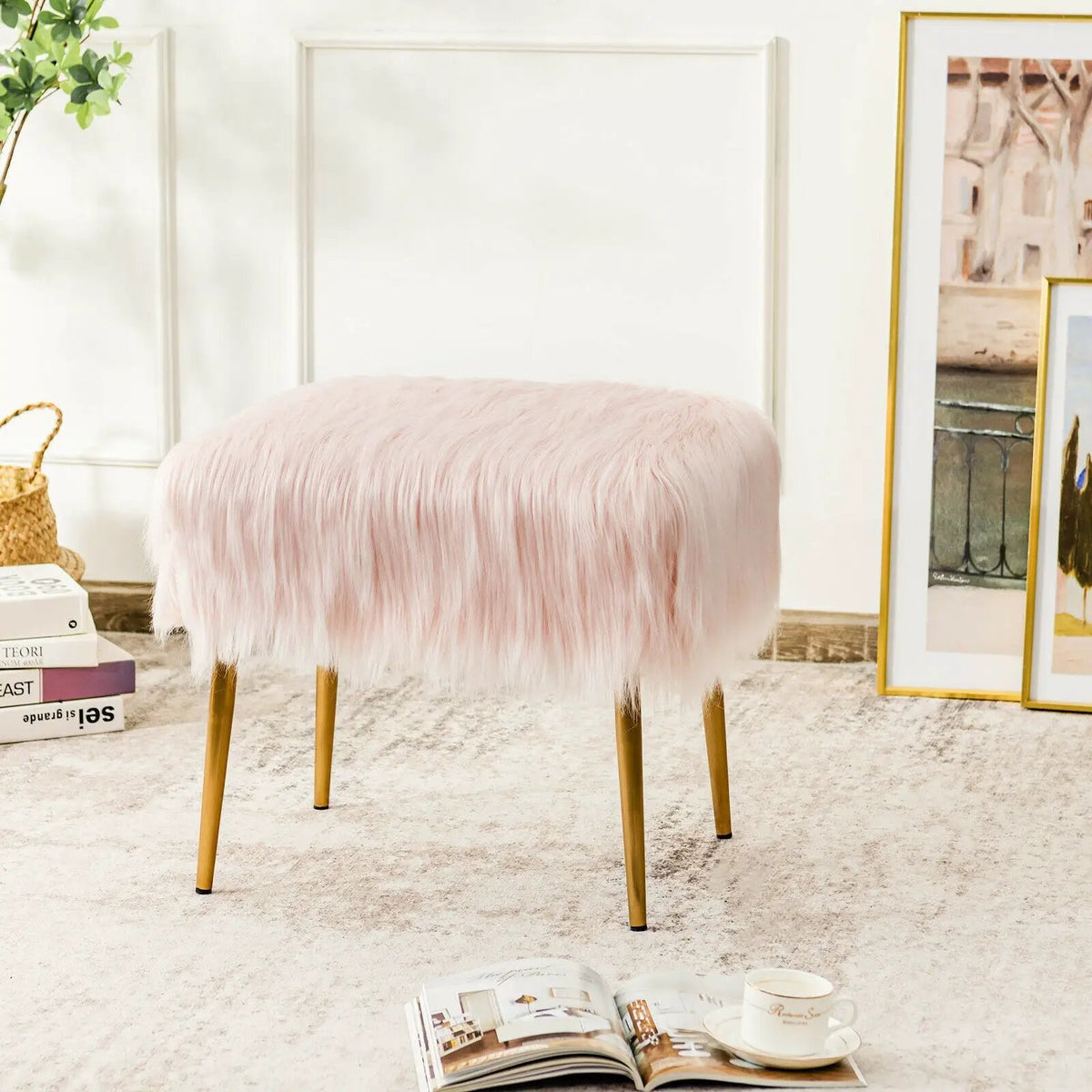 Faux Fur Vanity Stool with Golden Metal Legs for Makeup Room, photo 16 of 16