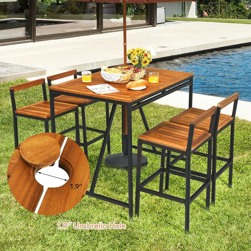 5 Pieces Outdoor Acacia Wood and PE Rattan Bar Set by DirectDeals