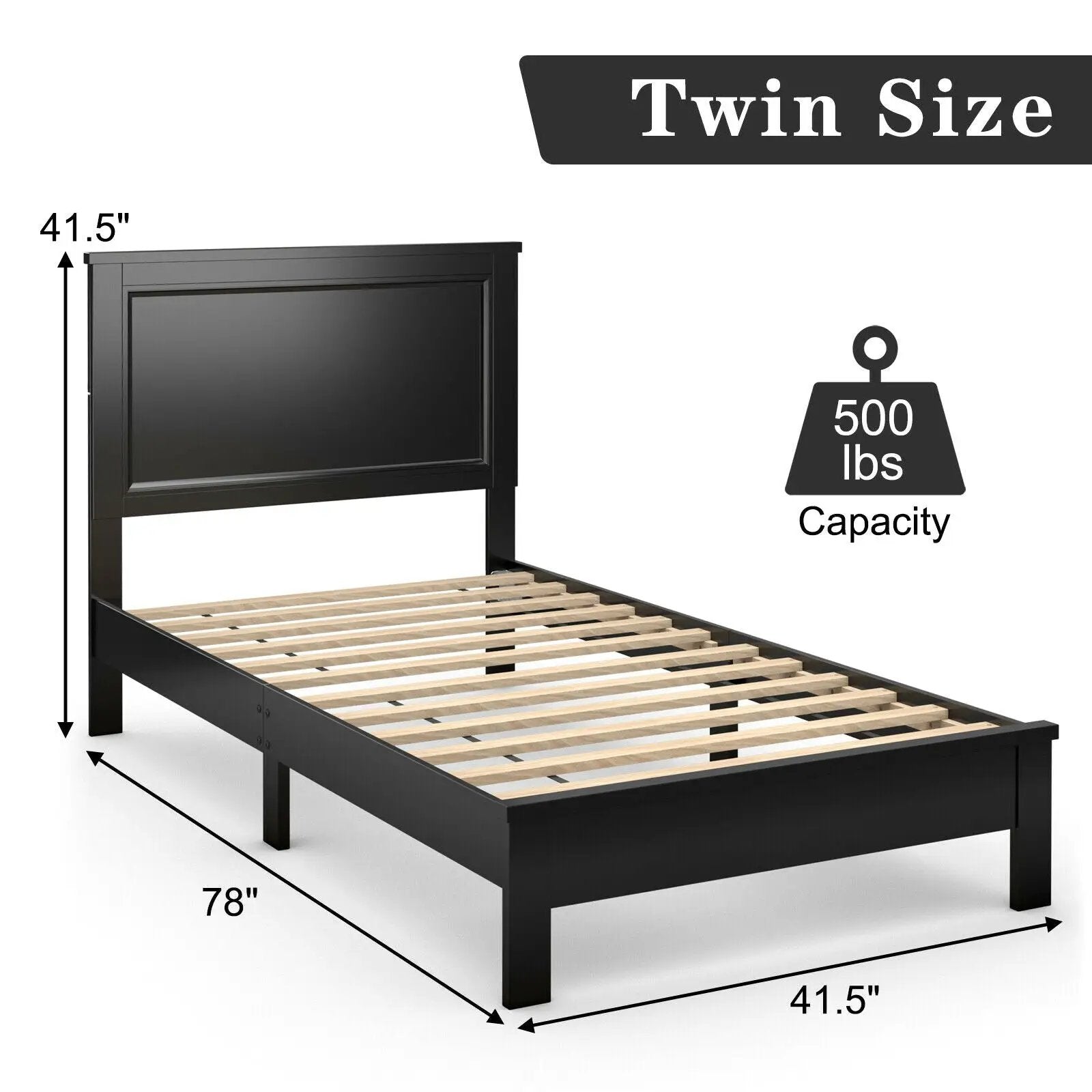 Twin Size Platform Bed Frame with Rubber Wood Leg-Black by DirectDeals