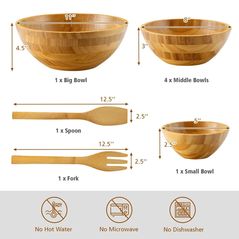 8 Pieces Bamboo Salad Bowl Set with Server Utensils-Natural by DirectDeals