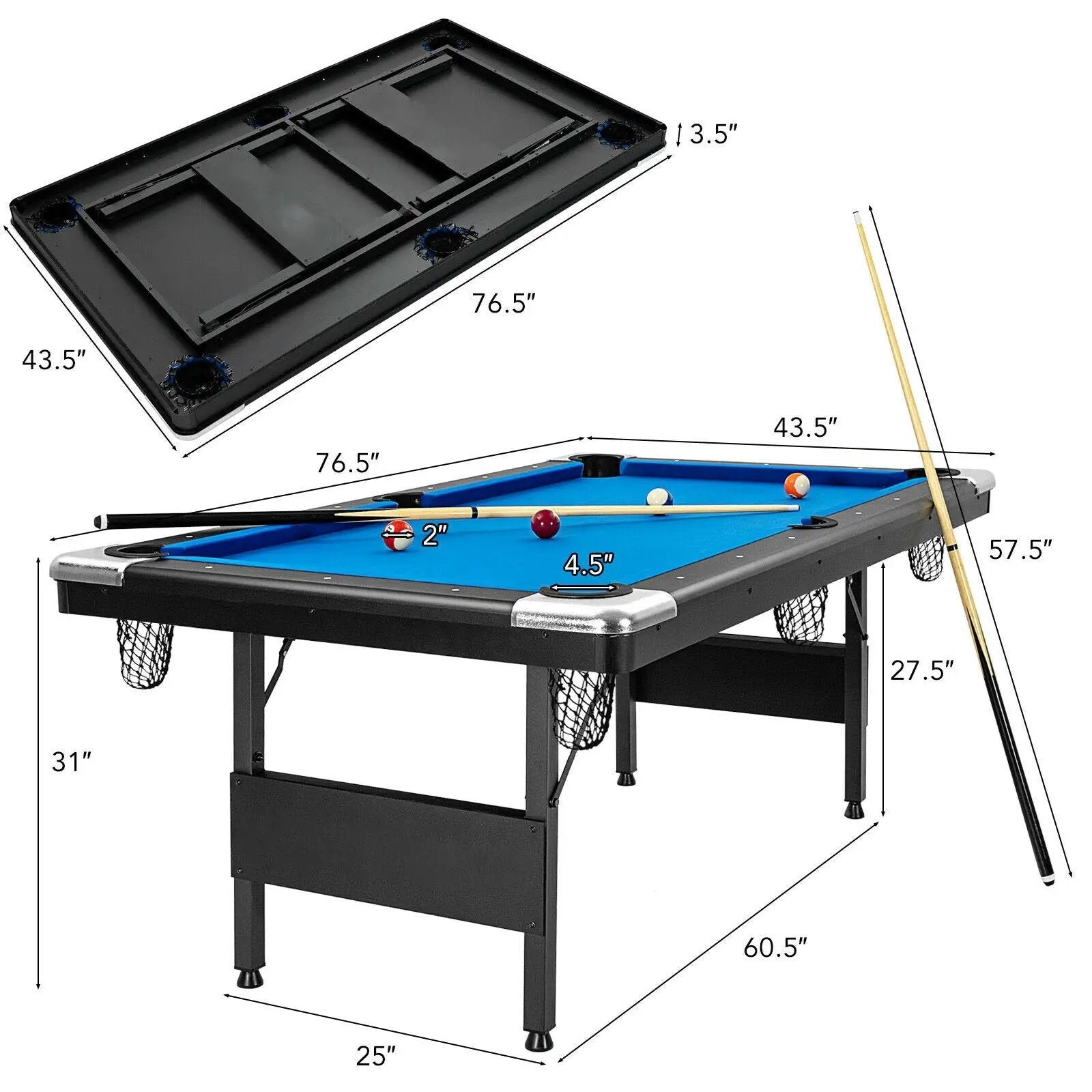 6 Feet Foldable Billiard Pool Table with Complete Set of Balls-Blue by DirectDeals