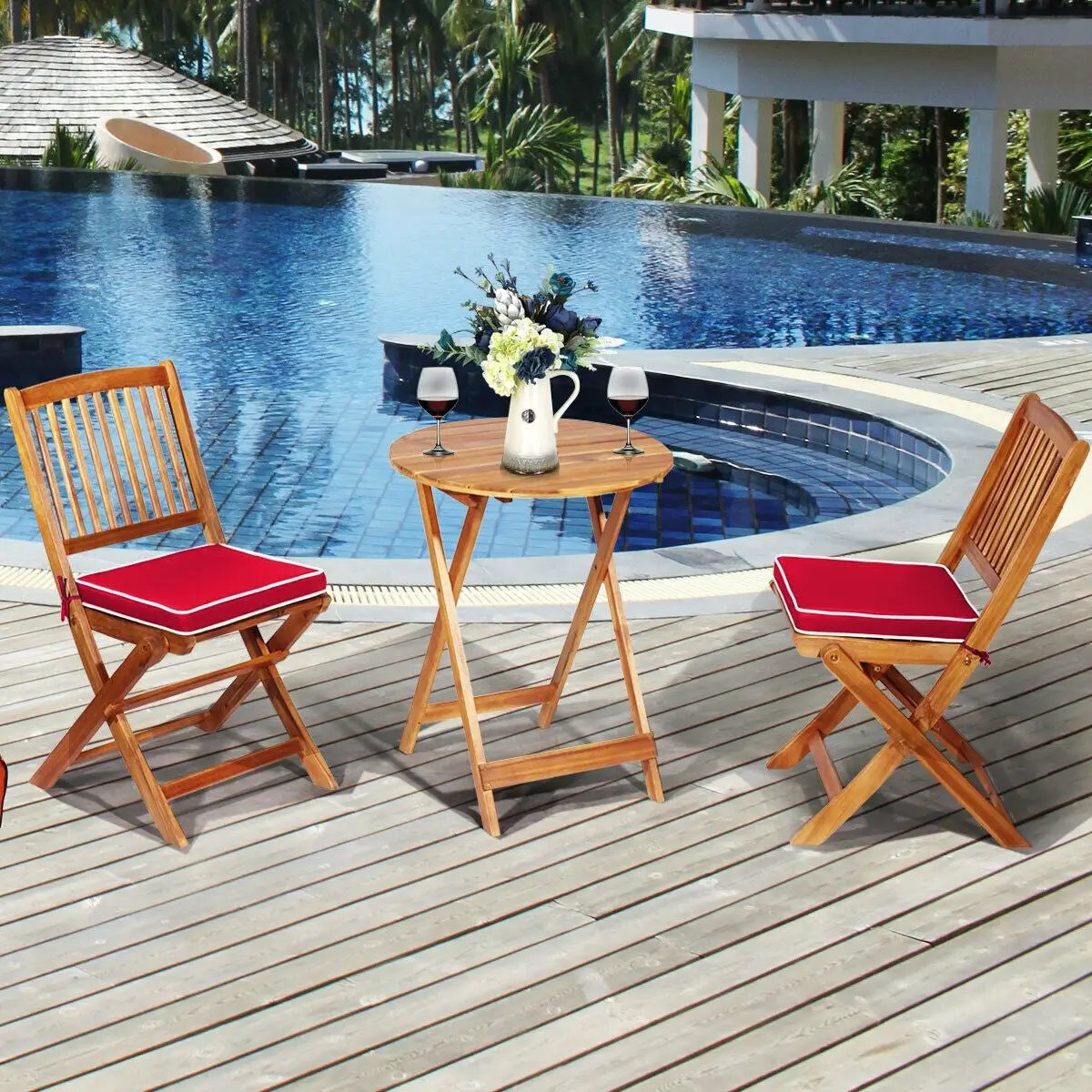 3 Pieces Patio Folding Bistro Set with Padded Cushion and Round Coffee Table-Red by DirectDeals