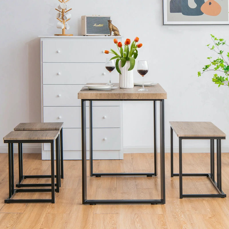 4 Pieces Industrial Dinette Set with Bench and 2 Stools-Oak by DirectDeals