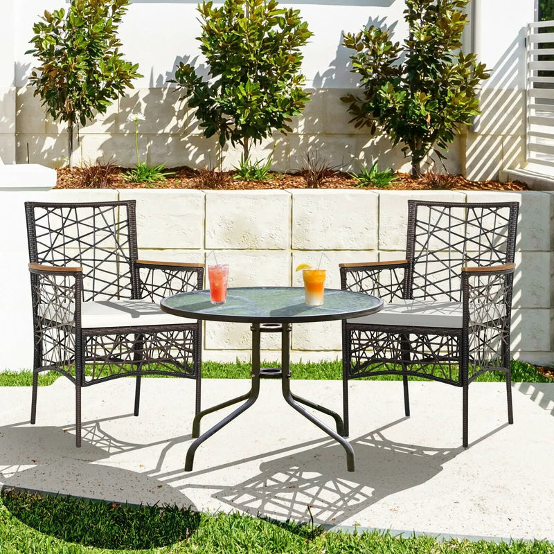2 Pieces PE Wicker Patio Bistro Dining Chairs with Acacia Wood Armrests and Cushions by DirectDeals