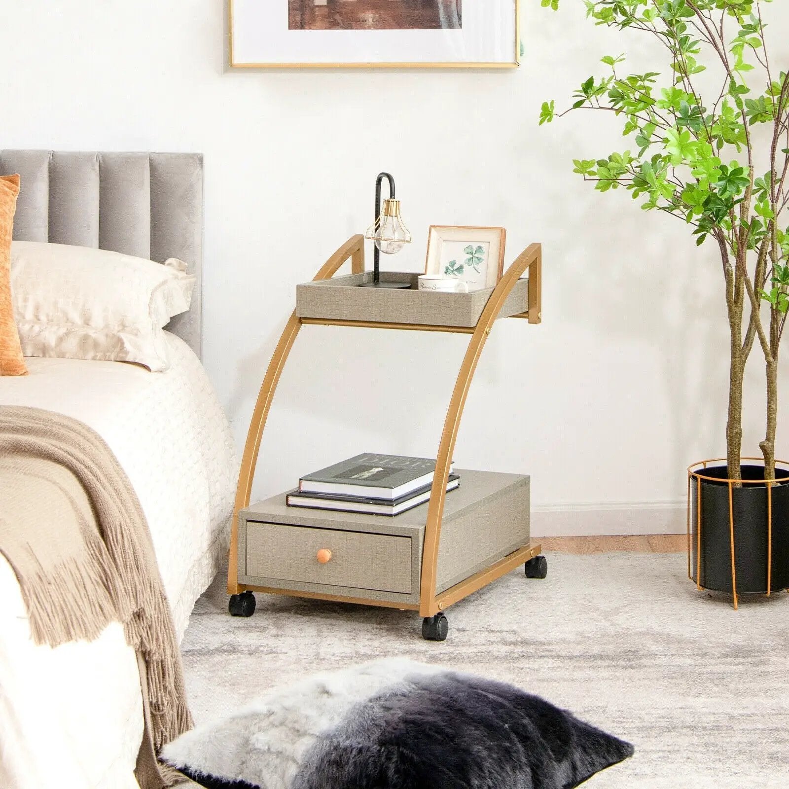 Modern 2-Tier Rolling End Table with Tray Top and Pull-Out Drawer-Gray by DirectDeals