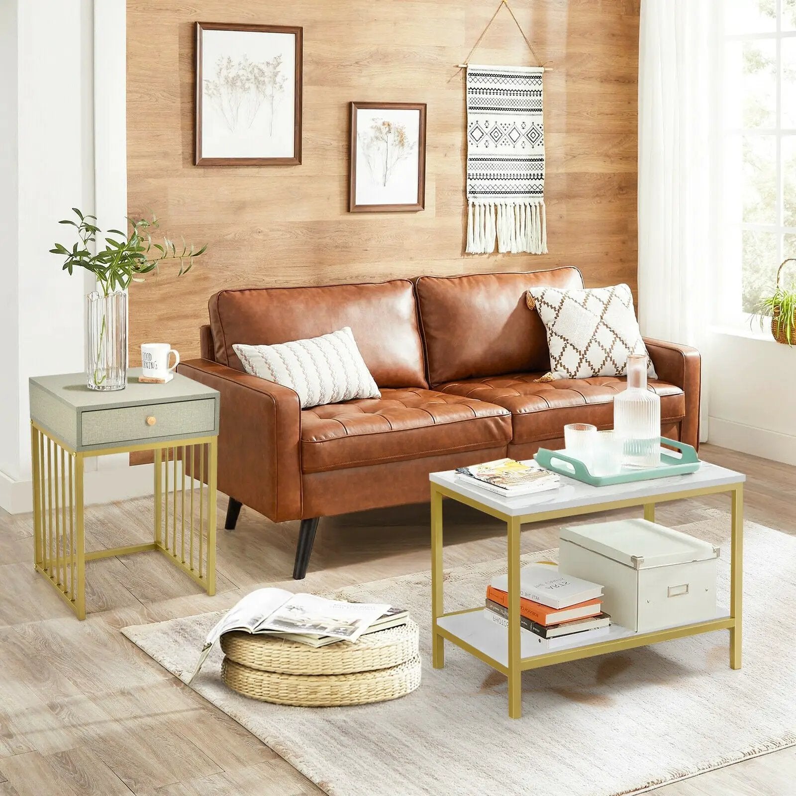 2 Pieces Modern Nesting Coffee Table Set with Drawer and Shelf-White by DirectDeals