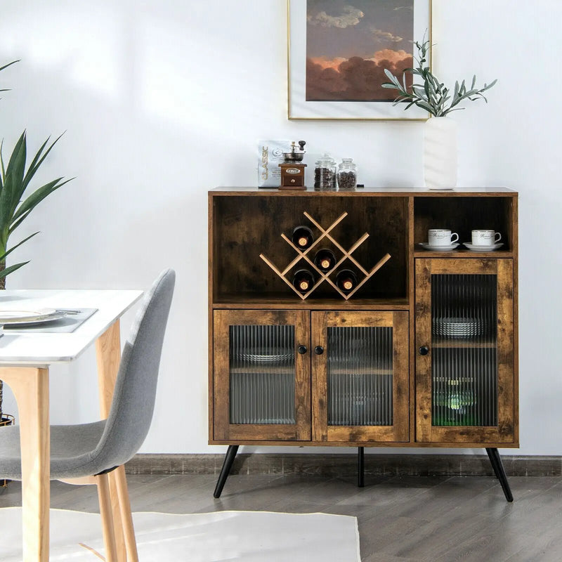 Buffet Kitchen Storage Cupboard with Glass Door and Adjustable Shelves-Rustic Brown by DirectDeals