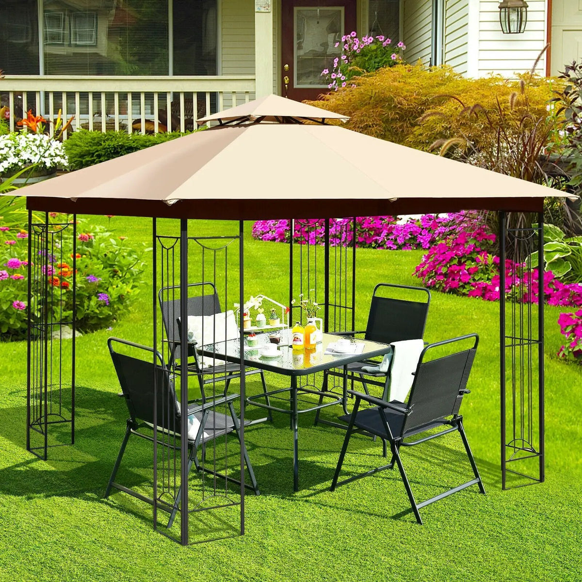 10 x 10 Feet L-Shaped Patio Canopy Gazebo Outdoor 2-Tier Steel Tent, photo 2 of 9