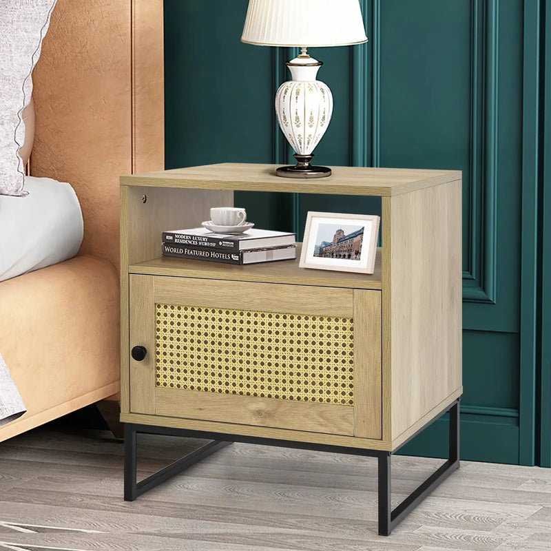 Wooden Side End Table with Cabinet and Rattan Decorated Door-Natural by DirectDeals