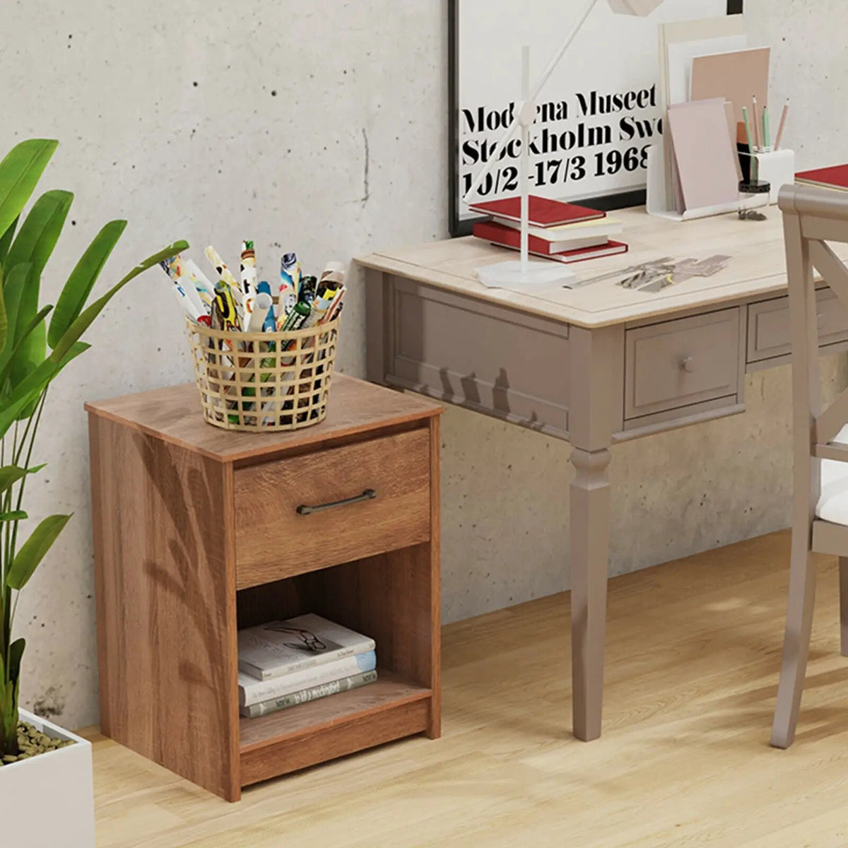 Wooden Nightstand with Drawer and Open Storage Compartment, photo 11 of 24