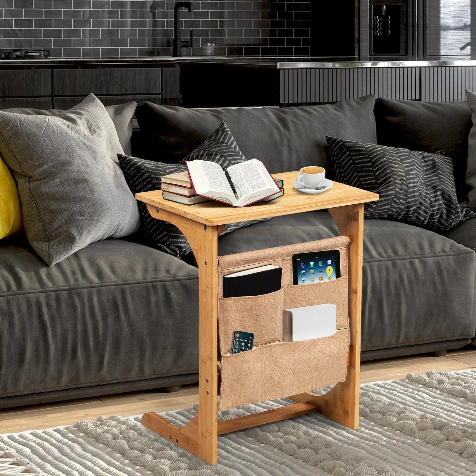 Bamboo Sofa Table End Table Bedside Table with Storage Bag by DirectDeals