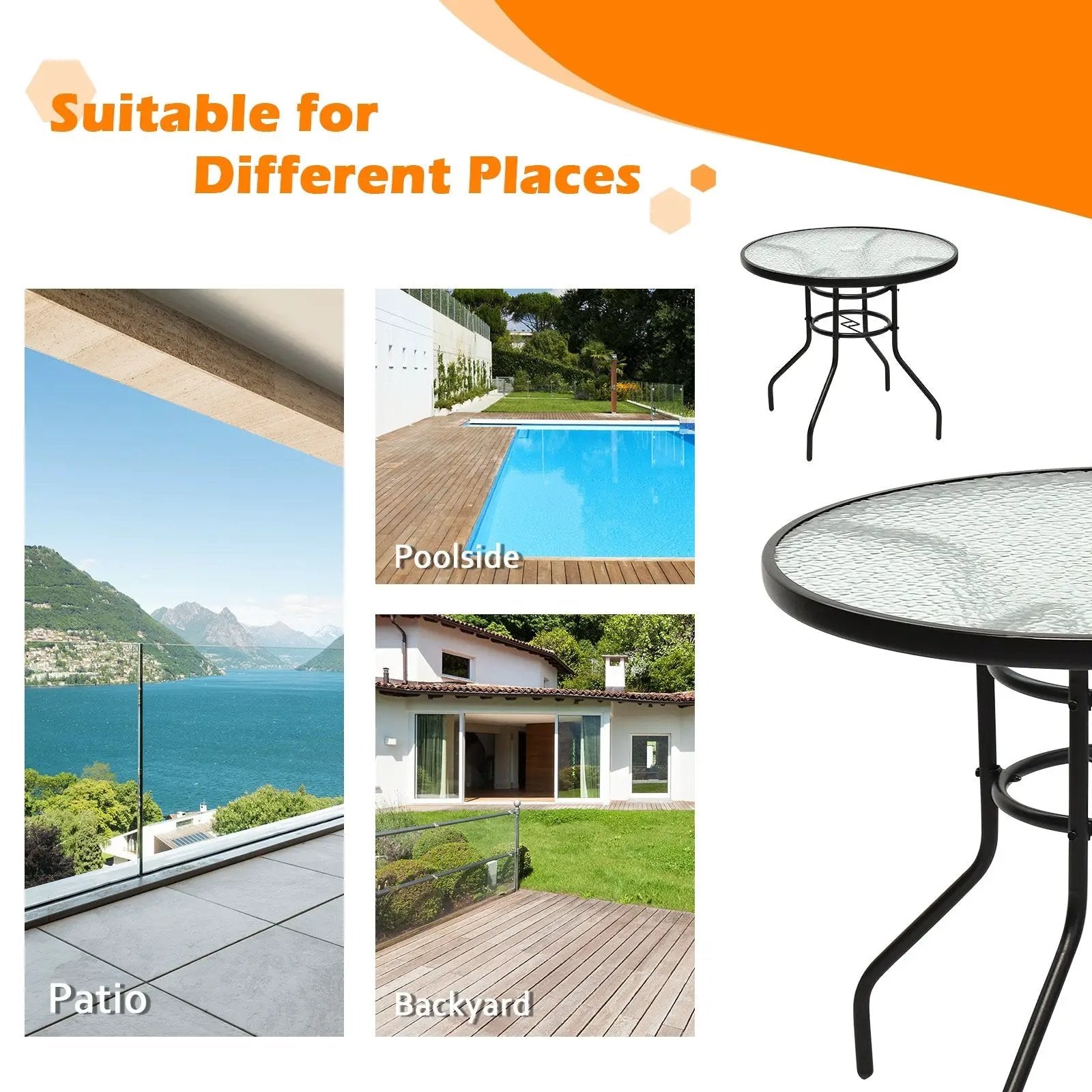 32 Inch Patio Tempered Glass Steel Frame Round Table with Convenient Umbrella Hole by DirectDeals