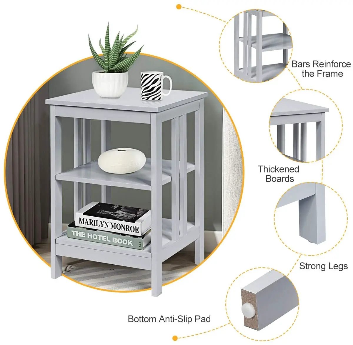 2 Pieces 3-Tier Nightstand with Reinforced Bars and Stable Structure, photo 32 of 32