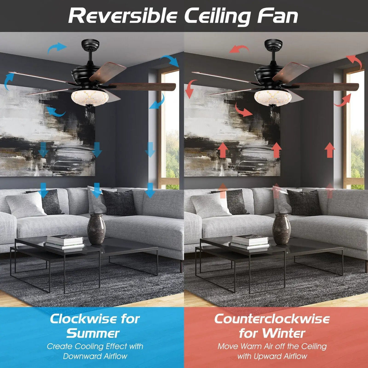 52 Inch Ceiling Fan with 3 Wind Speeds and 5 Reversible Blades, photo 2 of 9