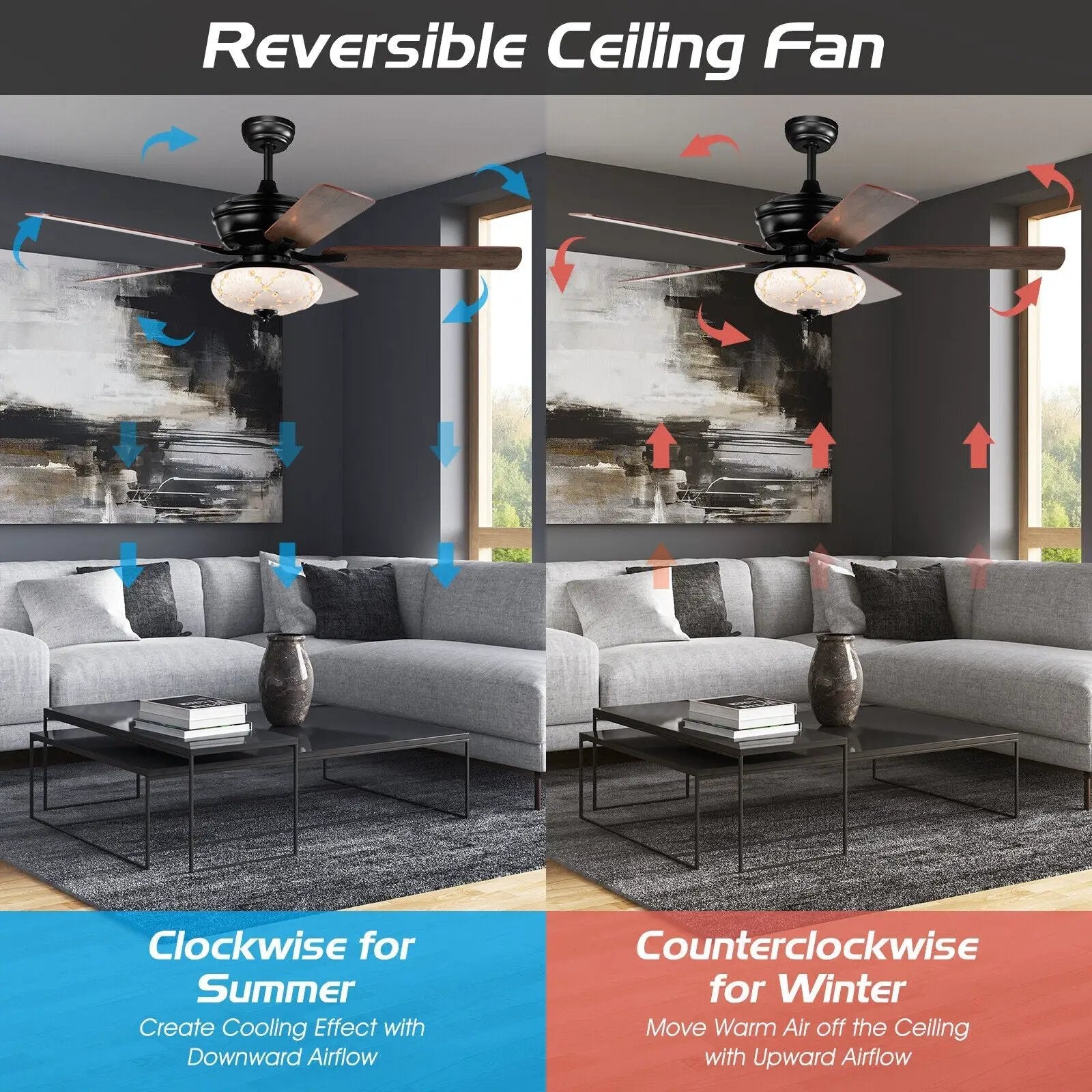 52 Inch Ceiling Fan with 3 Wind Speeds and 5 Reversible Blades by DirectDeals