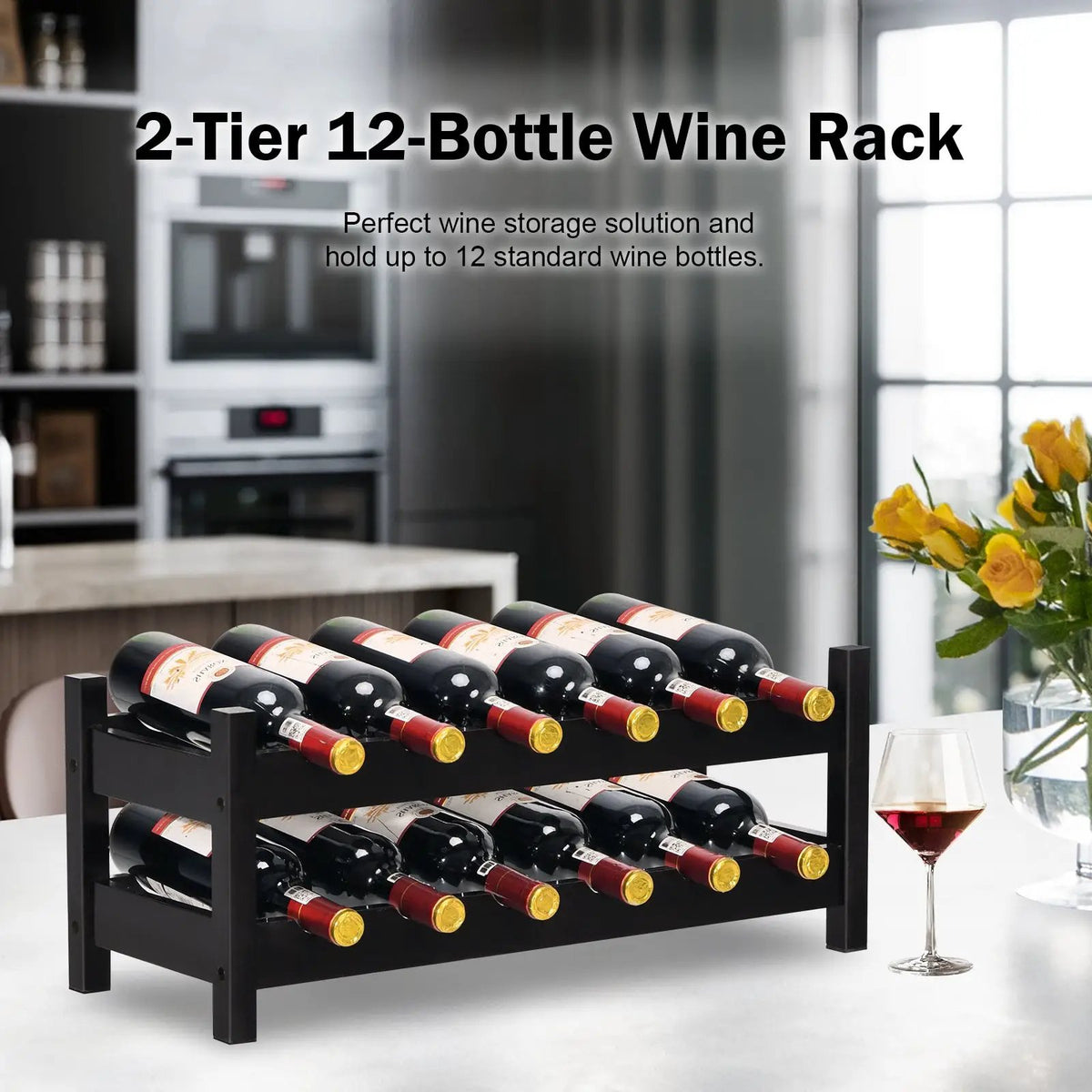 2-Tier 12 Bottles Bamboo Storage Shelf Wine Rack