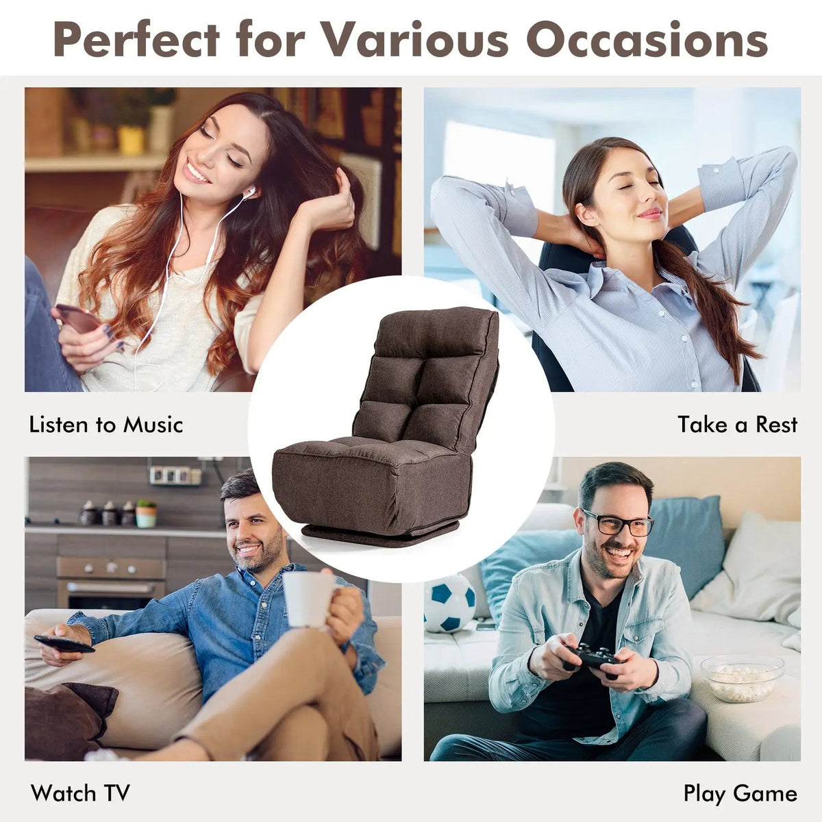 360-Degree Swivel Folding Floor Chair with 6 Adjustable Positions, photo 4 of 24