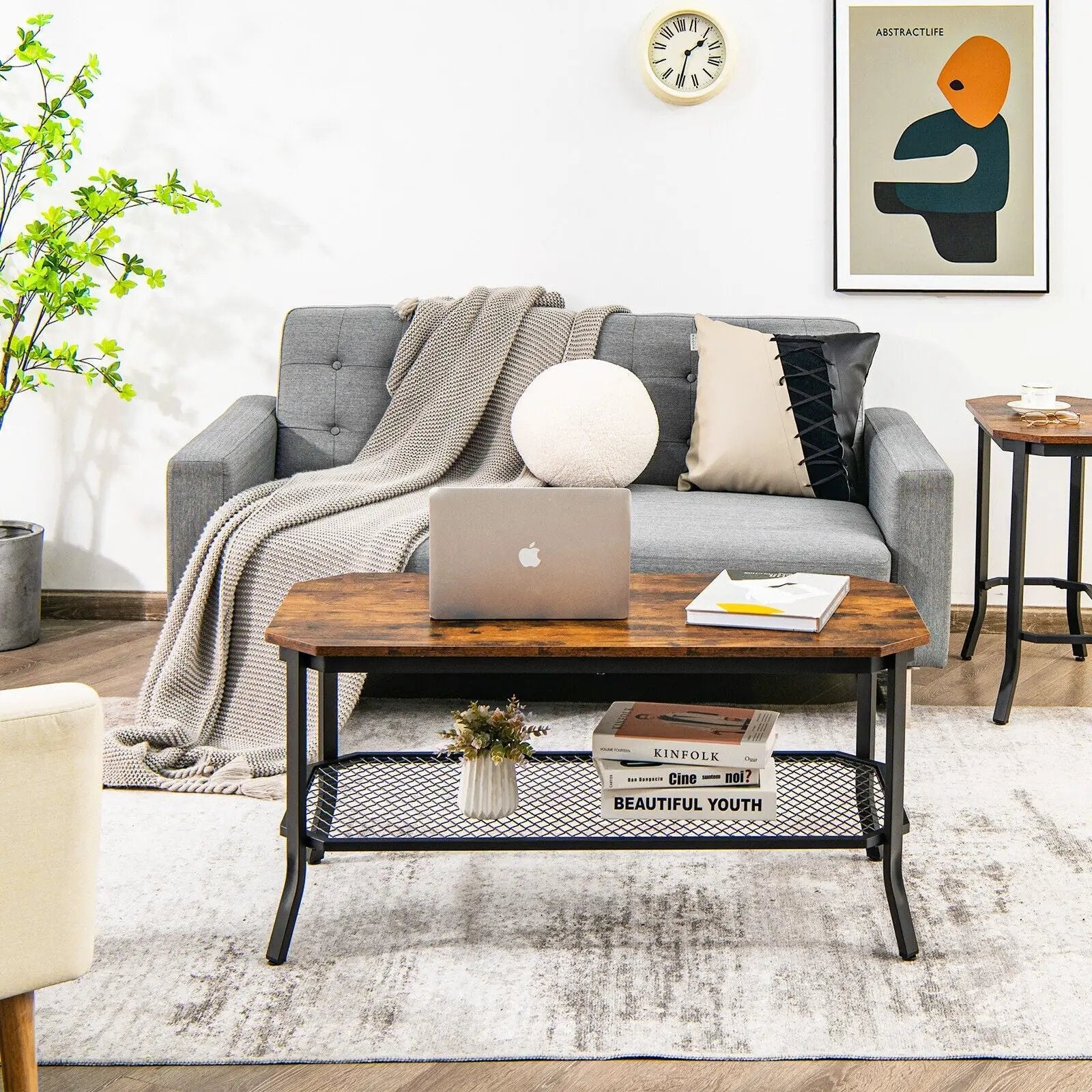 2-Tier Industrial Coffee Table with Open Mesh Storage Shelf for Living Room-Rustic Brown by DirectDeals