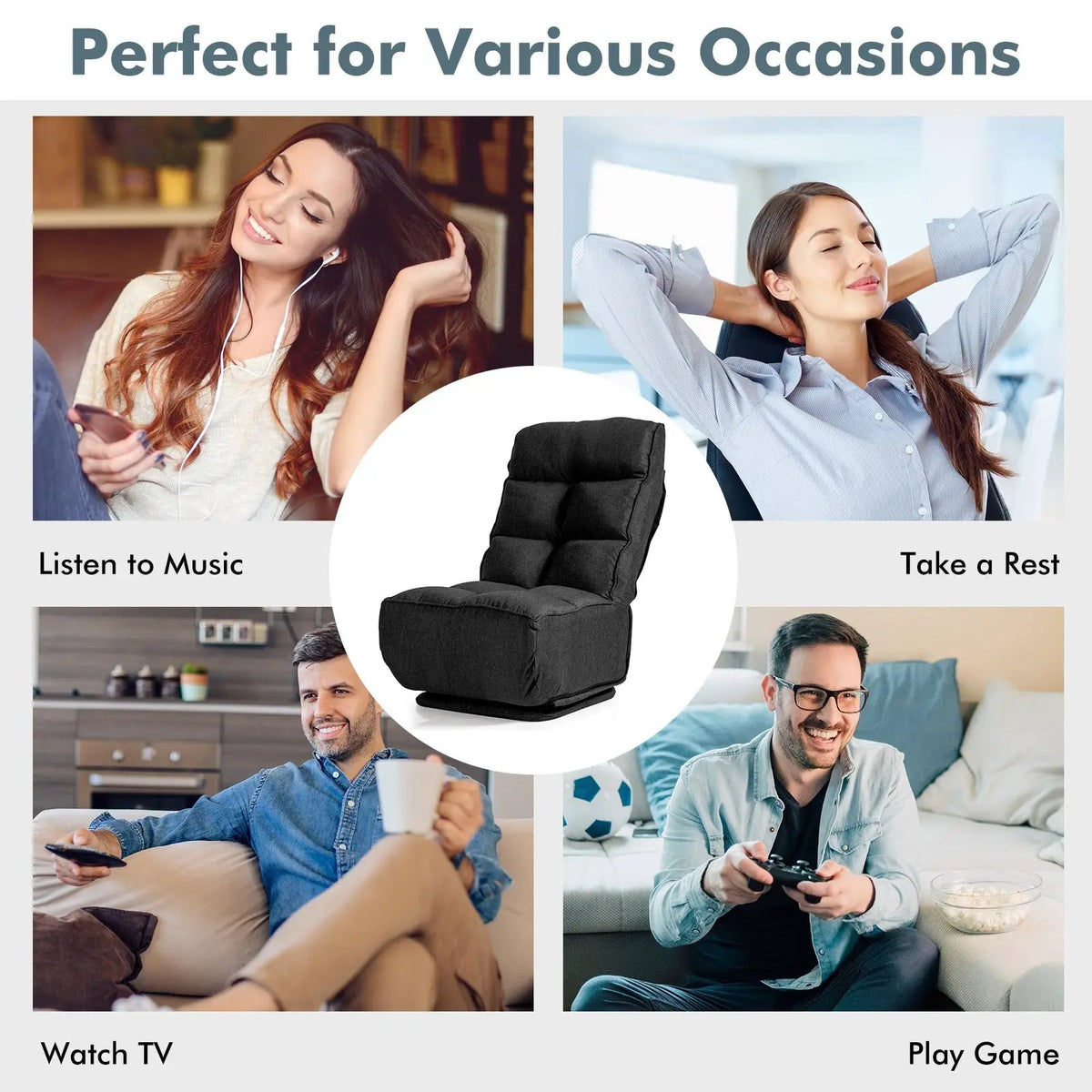 360-Degree Swivel Folding Floor Chair with 6 Adjustable Positions, photo 6 of 24