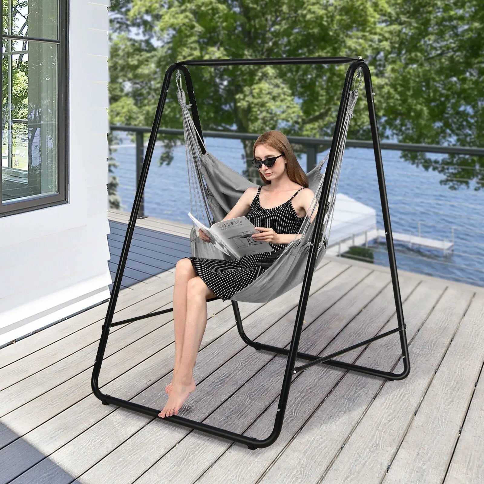 Hanging Padded Hammock Chair with Stand and Heavy Duty Steel by DirectDeals