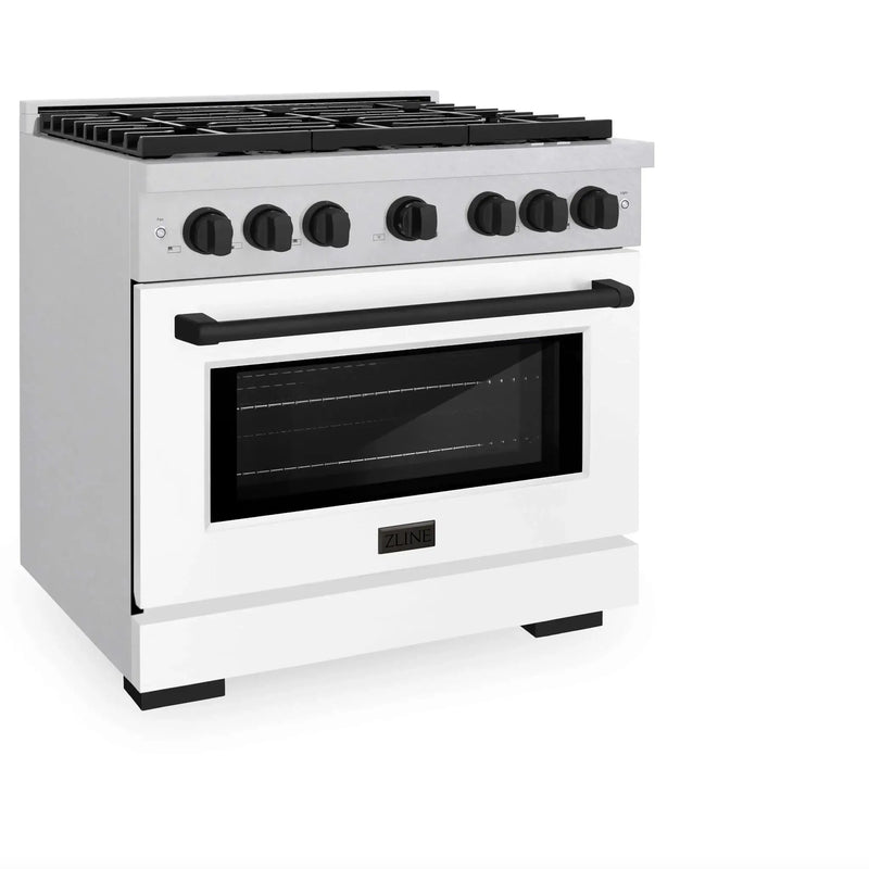 ZLINE 36"Paramount Dual Fuel Range DuraSnow® White Matte, Matte Black SDRSZ-WM-36-MB by Farmhouse Kitchen and Bath