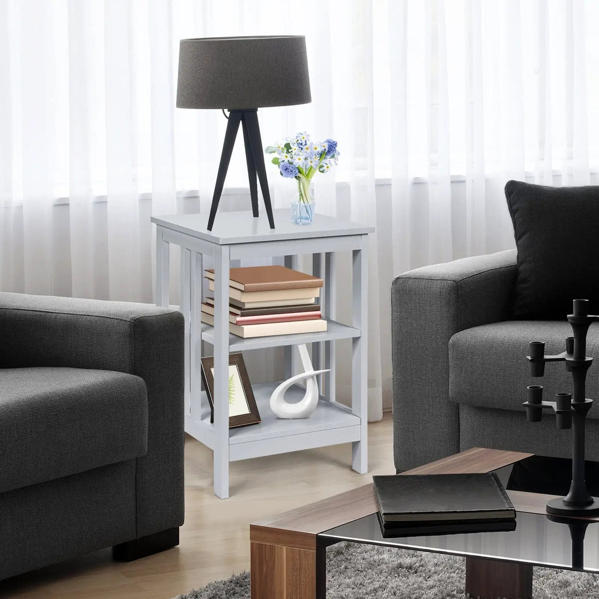 3-Tier Nightstand Sofa Side Table with Baffles and Round Corners, photo 3 of 32