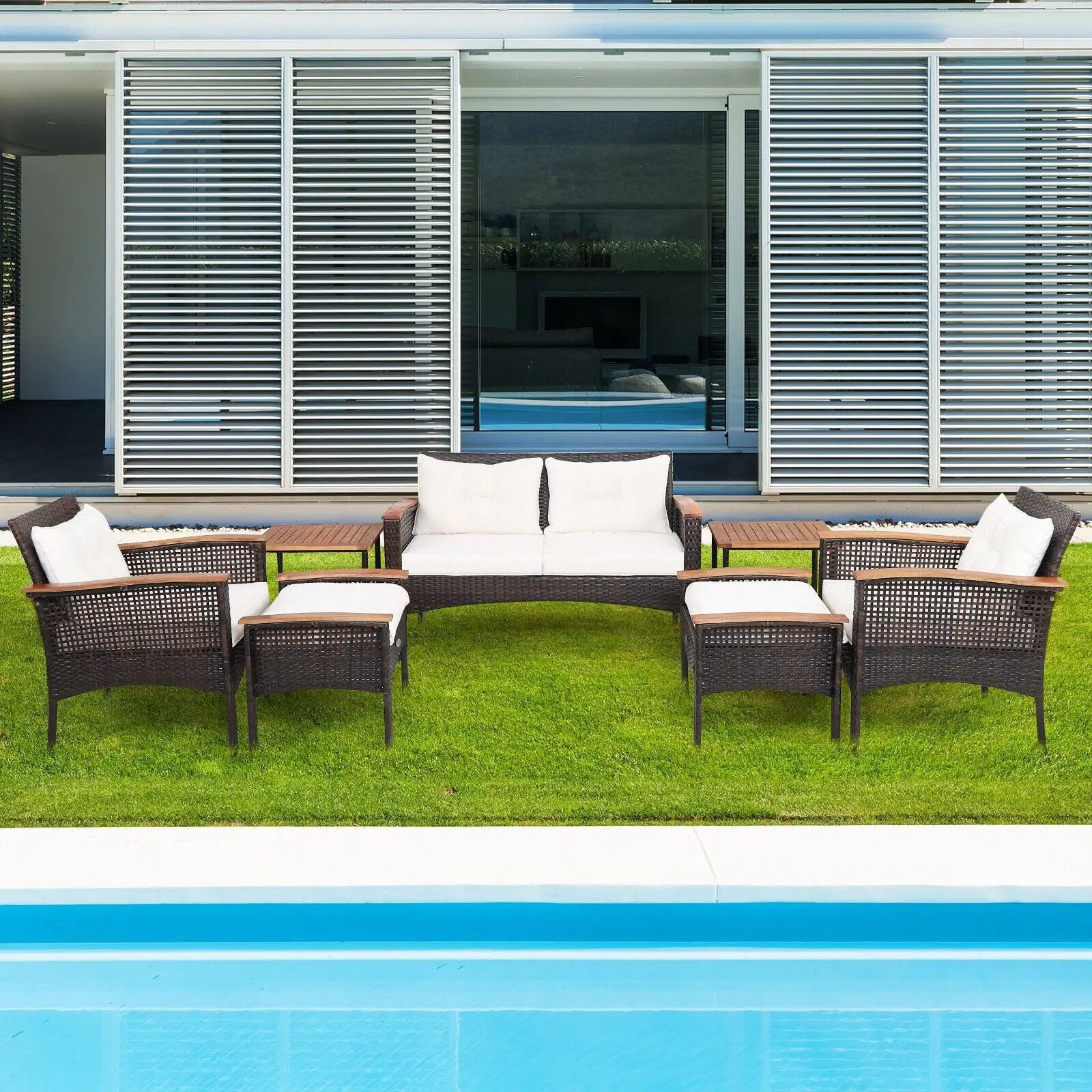 7 Pieces Patio Rattan Cushioned Conversation Furniture Set by DirectDeals