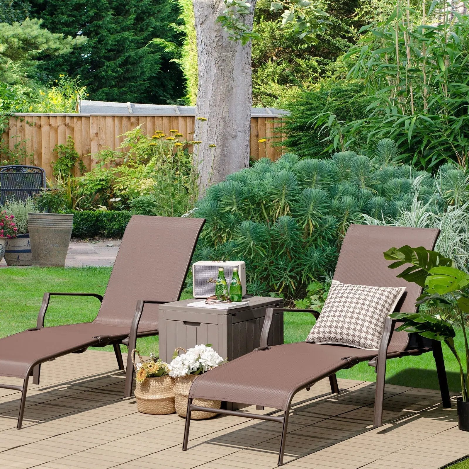 2 Pieces Patio Folding Chaise Lounge Chair Set with Adjustable Back-Brown by DirectDeals