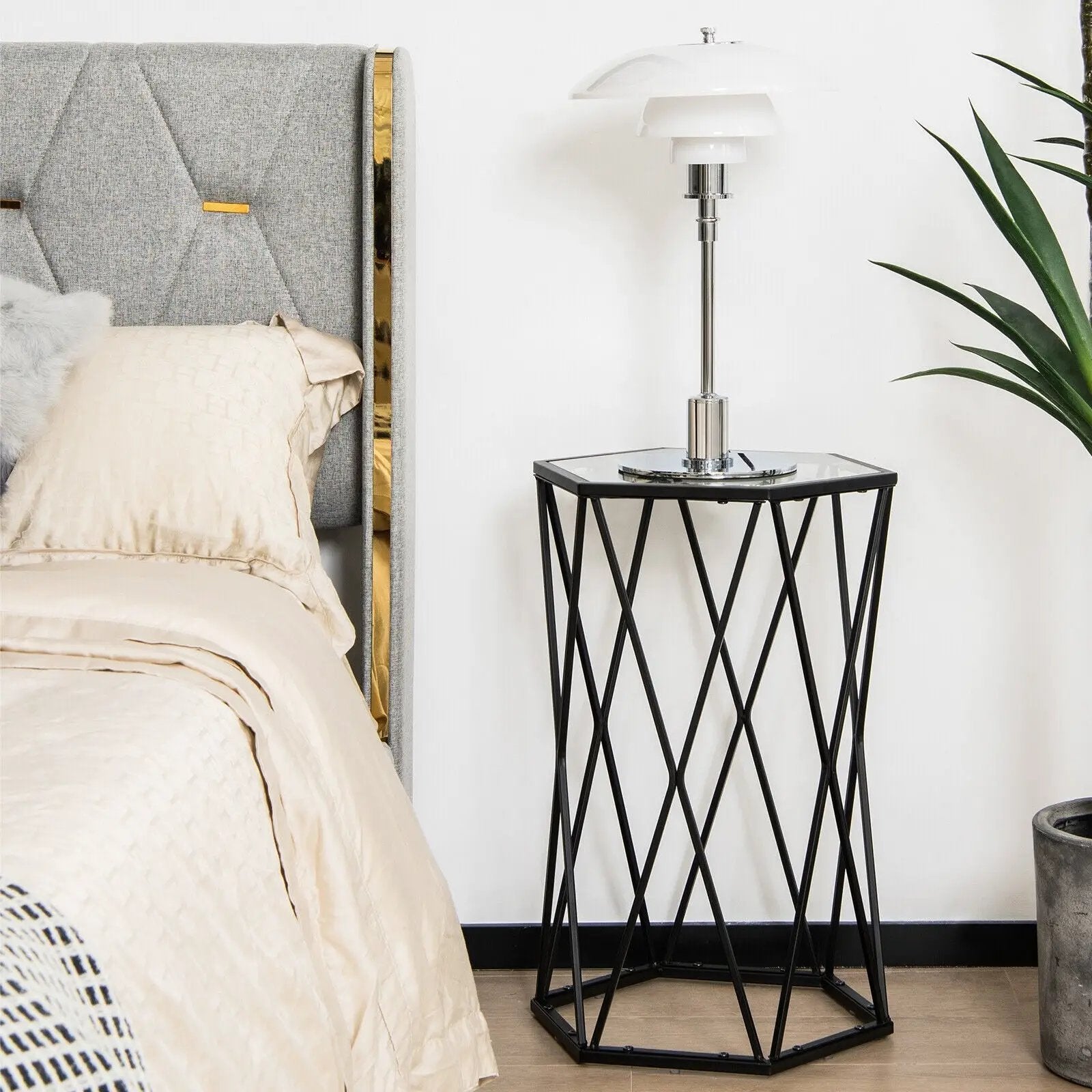 Hexagonal Accent End Table with Tempered Glass Top and Metal Frame by DirectDeals