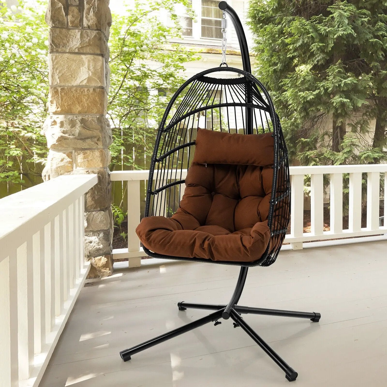 Patio Hanging Egg Chair with Stand Waterproof Cover and Folding Basket-Brown by DirectDeals