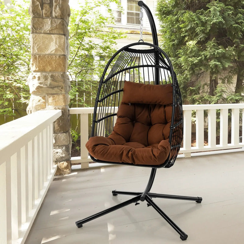 Patio Hanging Egg Chair with Stand Waterproof Cover and Folding Basket-Brown by DirectDeals