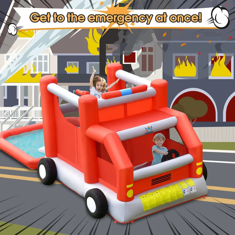 Fire Truck Themed Inflatable Castle Water Park Kids Bounce House without Blower by DirectDeals