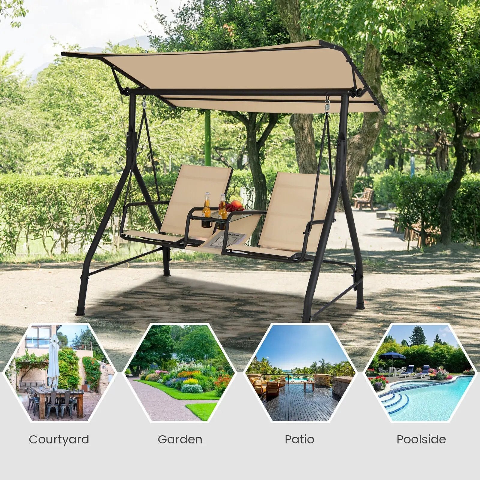 2-Seat Outdoor Cushioned Porch Swing with Adjustable Canopy and Tempered Glass Table-Beige by DirectDeals