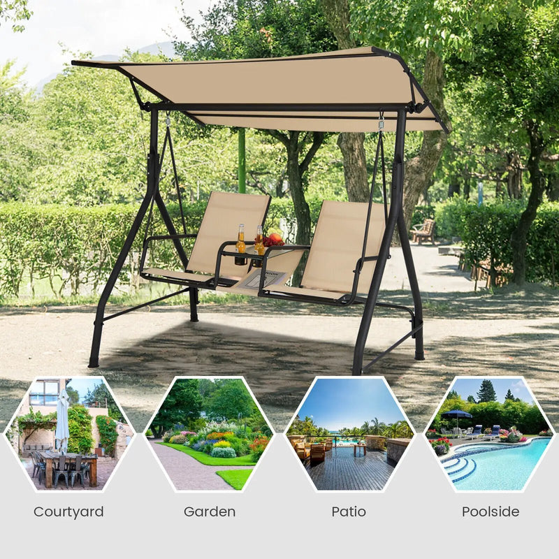 2-Seat Outdoor Cushioned Porch Swing with Adjustable Canopy and Tempered Glass Table-Beige by DirectDeals