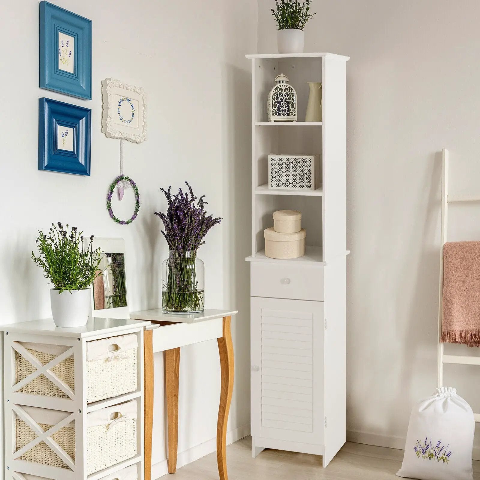 Bathroom Tall Freestanding Storage Cabinet with Open Shelves and Drawer-White by DirectDeals