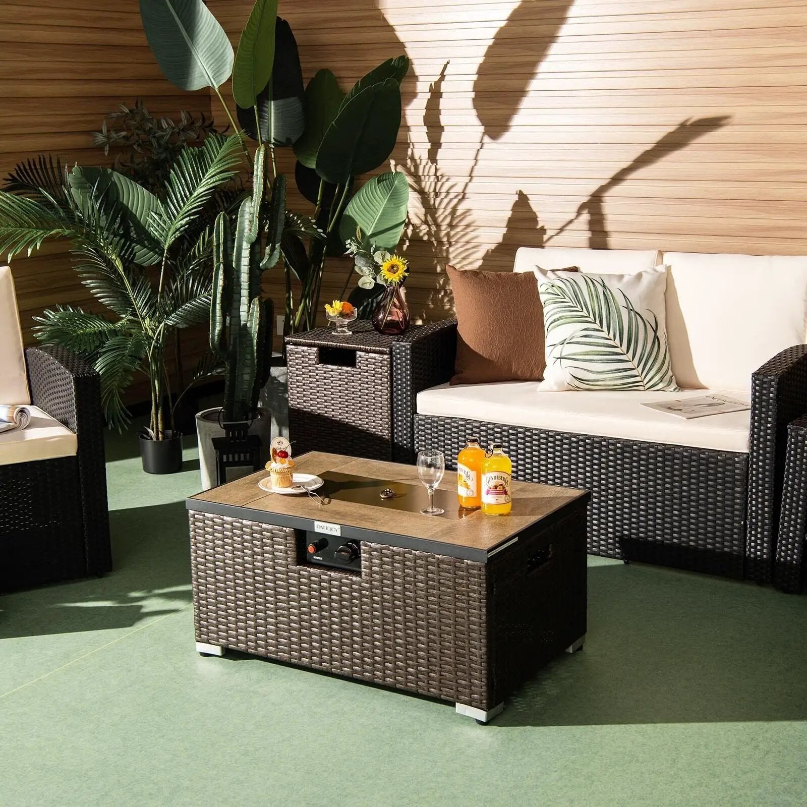 32 x 20 Inch Propane Rattan Fire Pit Table Set with Side Table Tank and Cover by DirectDeals