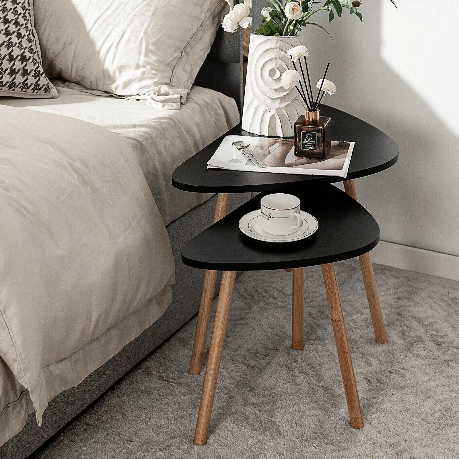 Set of 2 Modern Nesting Coffee Tables Triangular Tabletop Bamboo Legs by DirectDeals