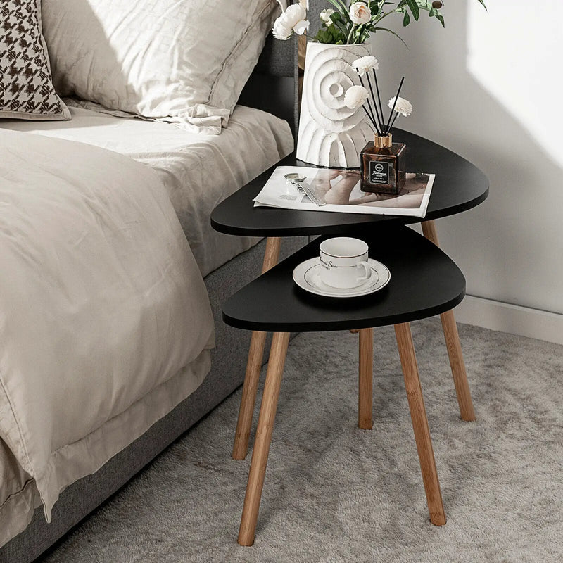 Set of 2 Modern Nesting Coffee Tables Triangular Tabletop Bamboo Legs by DirectDeals