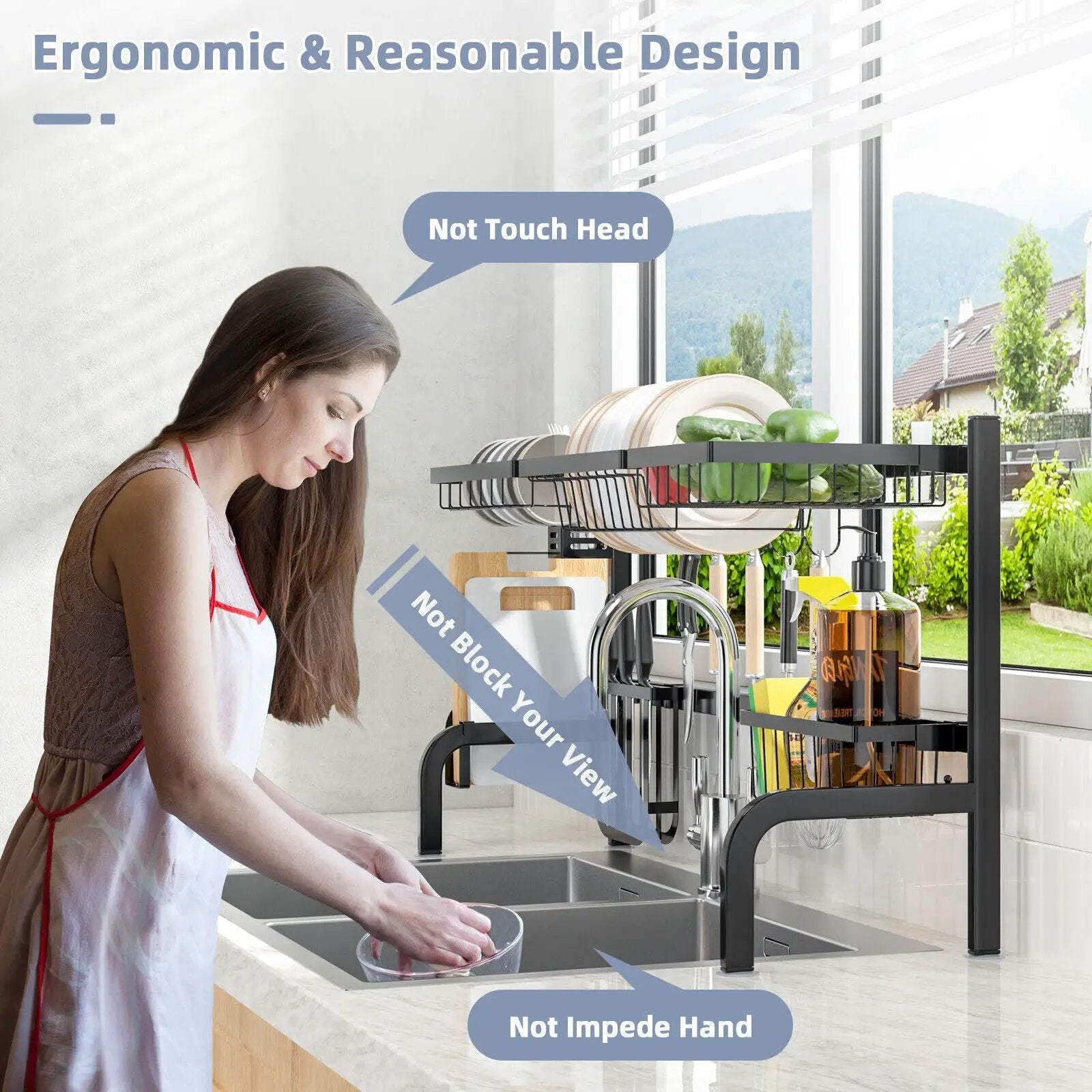 2 Tier Adjustable Over Sink Dish Drying Rack with 8 Hooks by DirectDeals