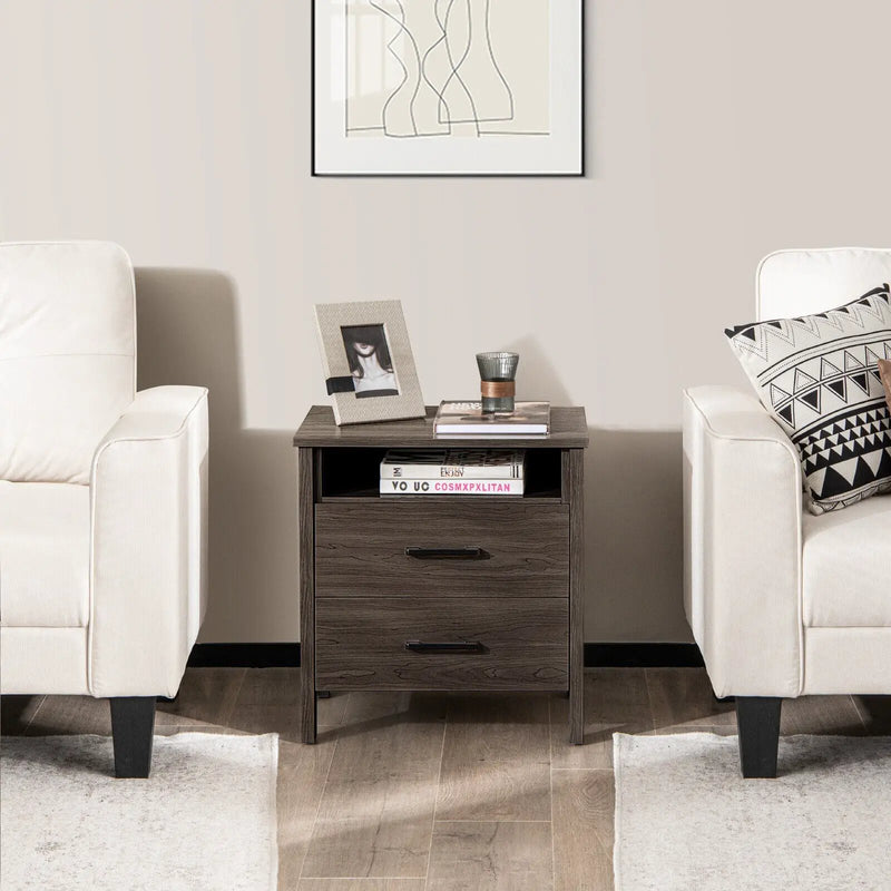 Modern Wood Grain Nightstand with Cable Hole and Open Compartment by DirectDeals