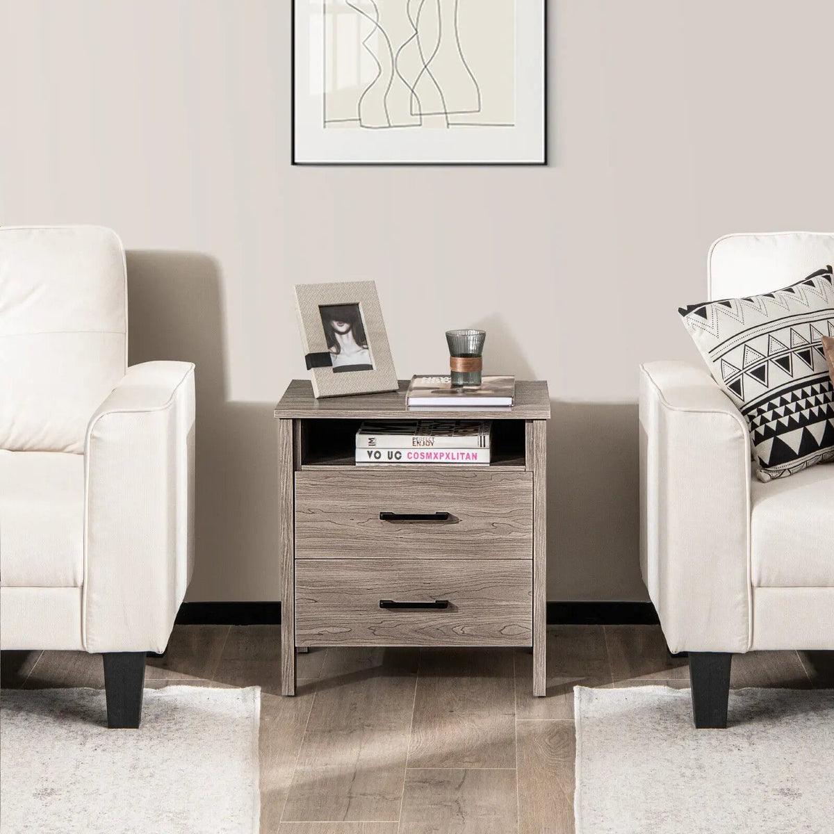 Modern Wood Grain Nightstand with Cable Hole and Open Compartment, photo 4 of 16