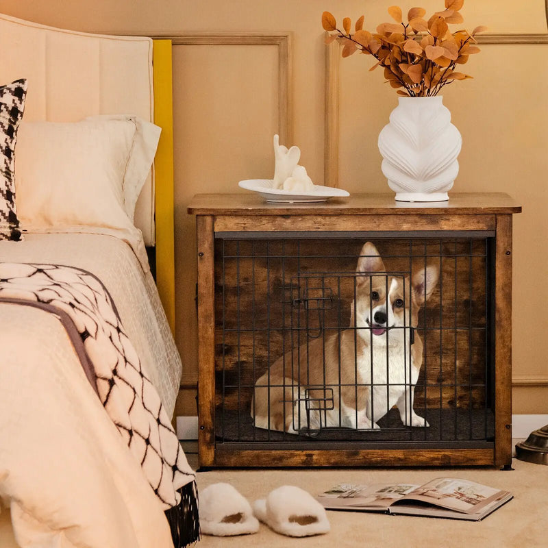 Wooden Dog Crate Furniture with Double Door and Tray-Brown by DirectDeals