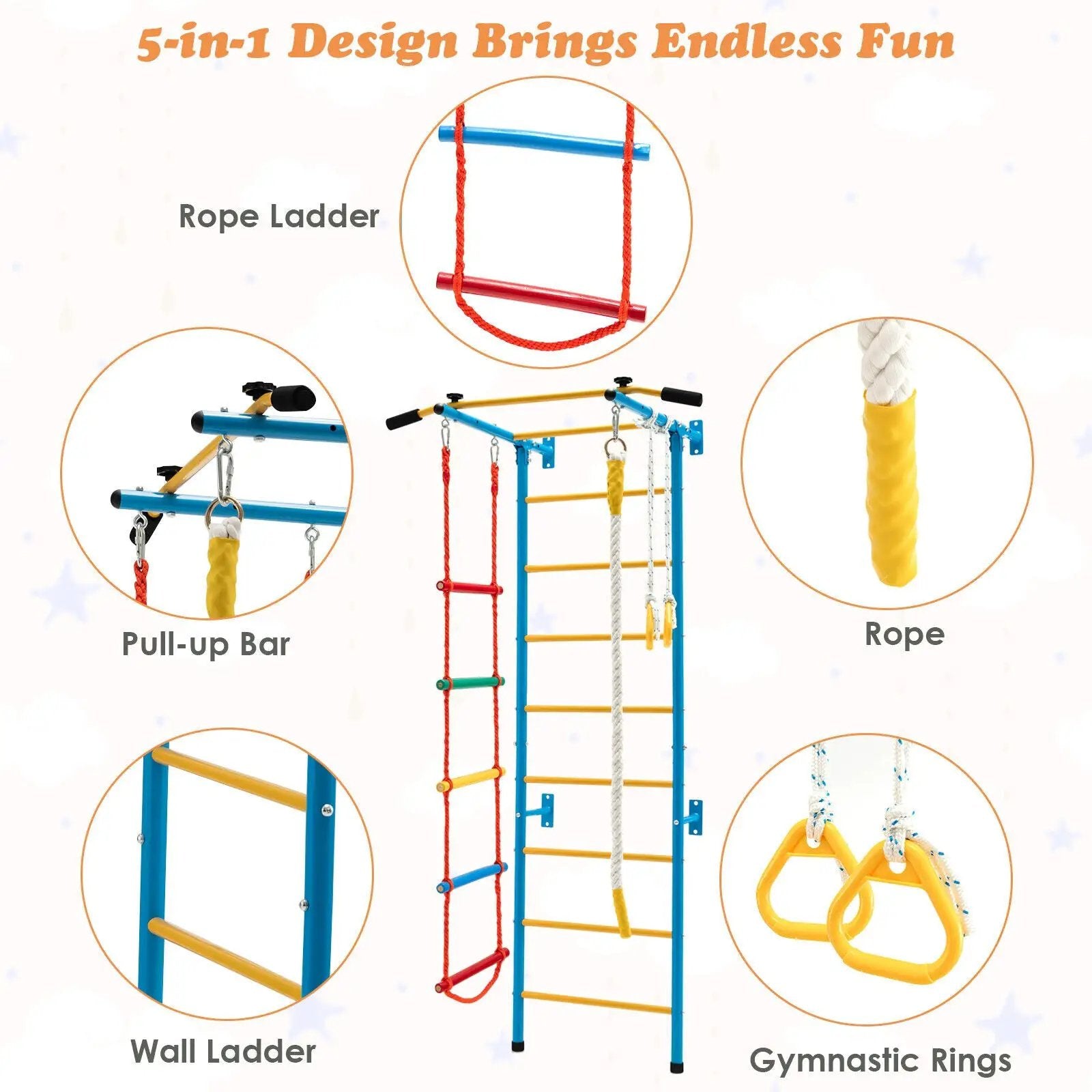 7 In 1 Kids Indoor Gym Playground Swedish Wall Ladder for Solid Wall-Yellow by DirectDeals